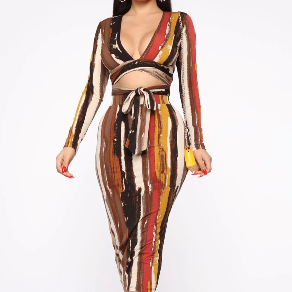 2 Piece MIDI Skirt Set BROWN